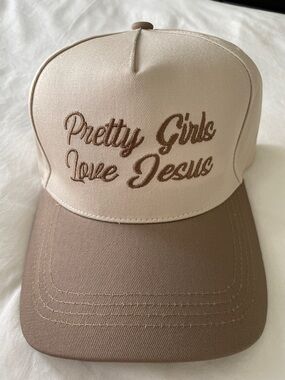 Embroidered 'Pretty Girls Love Jesus' Trucker Hat - Beige & Brown